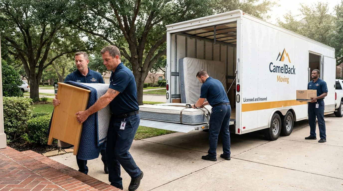 Crew loading residential truck for cross-state move from Yuba City, CA