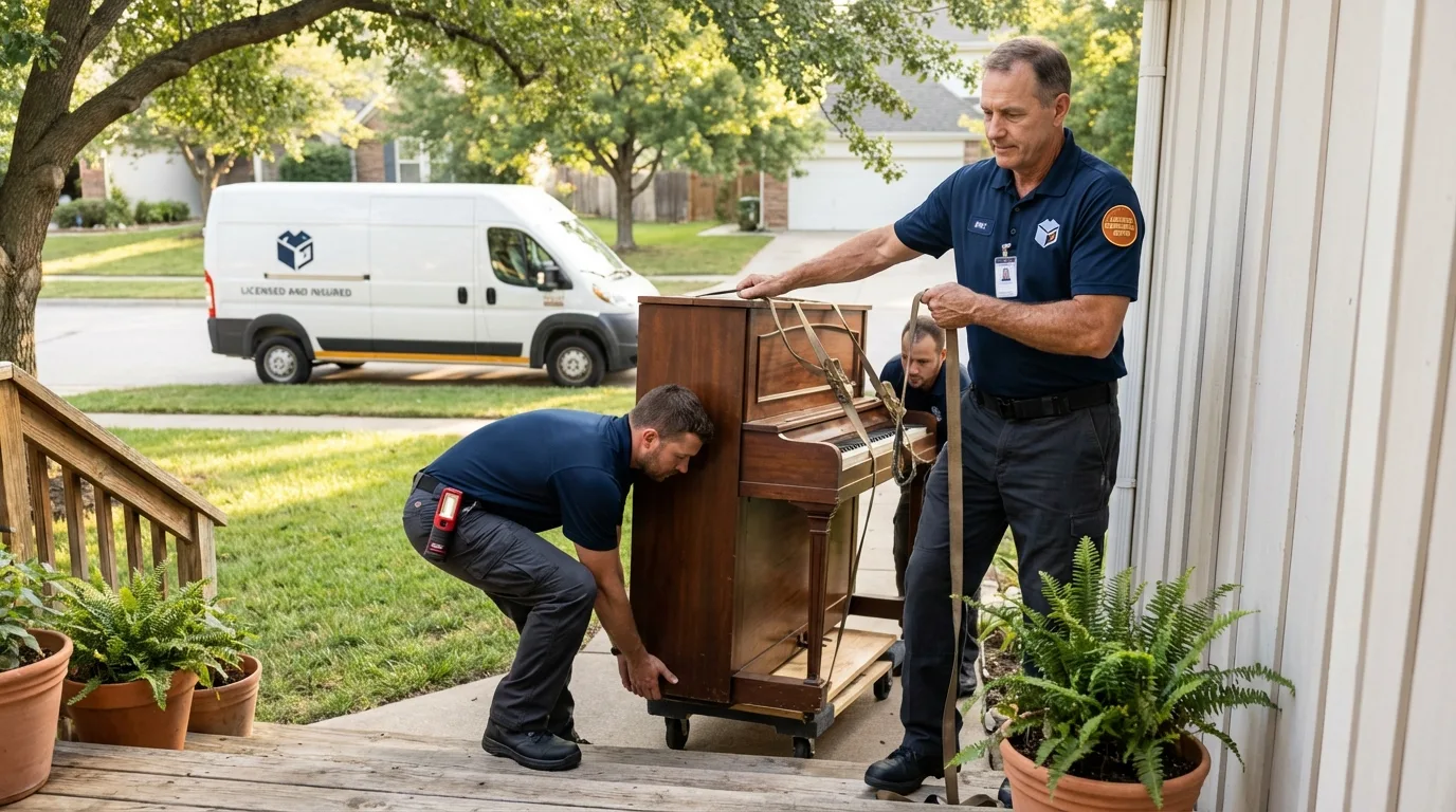 Licensed piano movers securing grand piano in Yuba City, CA