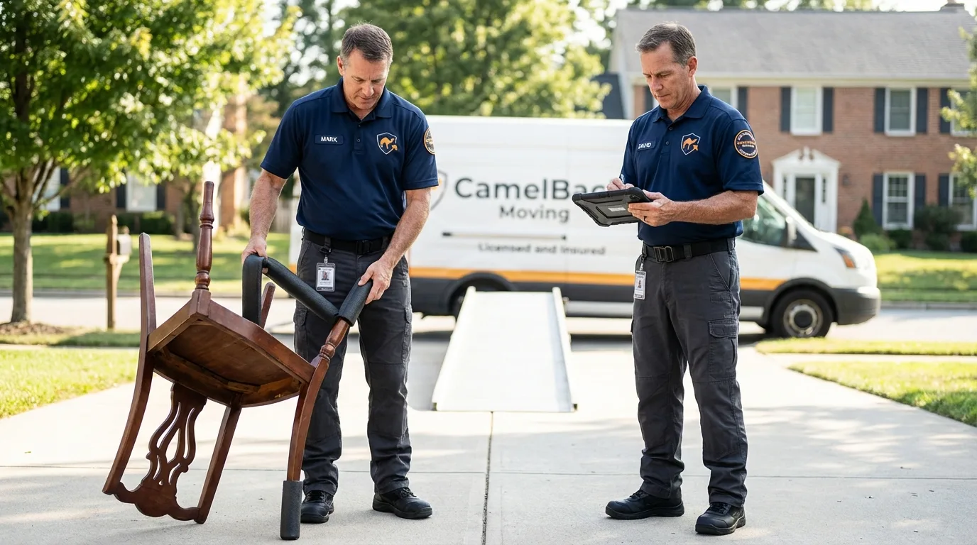 Movers inspecting furniture for damage prevention before loading in Yuba City, CA