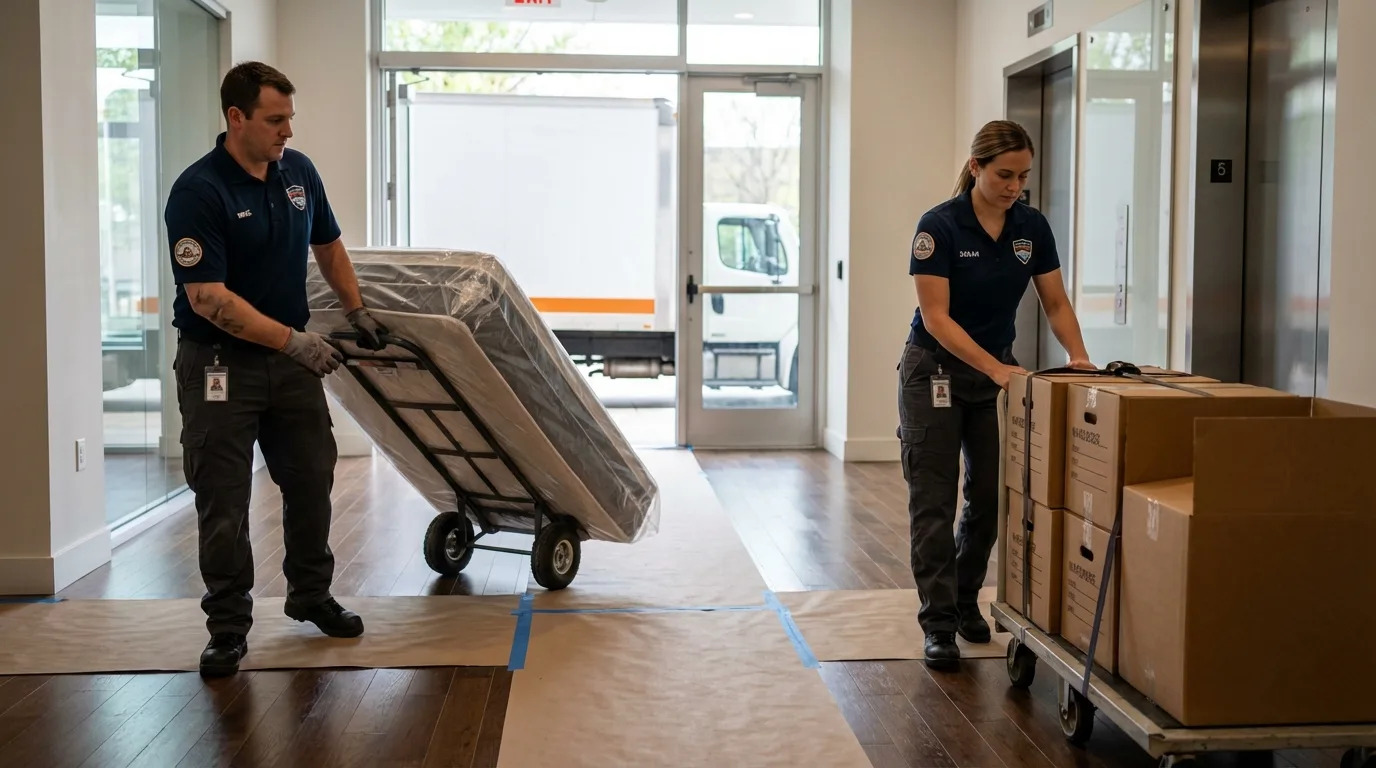 Professional apartment movers loading elevator in Yuba City, CA